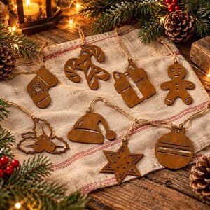 May include: A set of eight brown wooden Christmas ornaments featuring a stocking, candy cane, gift box, gingerbread person, holly leaves, Santa hat, star, and round bauble, each attached to a thin jute twine string for hanging.