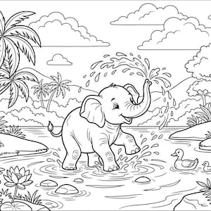 May include: A black and white line art coloring page illustration featuring a young elephant splashing in a river. The scene includes palm trees, lush tropical foliage, blooming water lilies, and a mother duck with three ducklings swimming nearby.