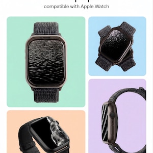 以下が含まれることがあります： 4 Wallpapers compatible with Apple Watchと書かれたデジタルディスプレイ。ダークメタリックケースとブラックストラップを備えたスマートウォッチの4つの異なるビューが示されており、それぞれにユニークな抽象的な白黒のスクリーン画像が表示されています。