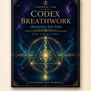 Op de afbeelding: Een boekomslag met de titel Ethereal Link Codex Breathwork: Harmonize Your Field, A Guide to Breath, Sacred Geometry & Harmonic Frequencies, 432 Hz, 528 Hz, 963 Hz door Elizabeth Ann Warren. De donkerblauwe achtergrond bevat gouden geometrische patronen.