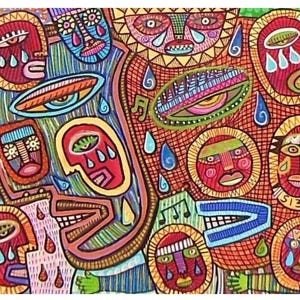 May include: Abstract artwork featuring multiple stylized faces with tear drops, musical notes, and geometric shapes. The color palette includes red, blue, yellow, and green, with black outlines. The artwork has a folk art style.