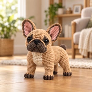 Può includere: Una statuetta di bulldog francese all'uncinetto realizzata con filato marrone chiaro, con muso marrone scuro, occhi neri e orecchie foderate di rosa. Il peluche presenta una macchia color crema sul petto, zampe marrone scuro e una piccola coda.