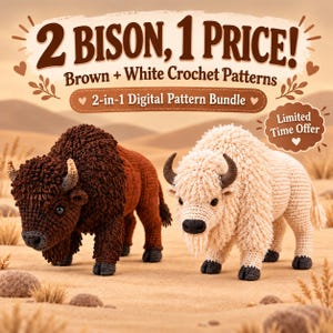 May include: Two crochet bison figures, one dark brown and one cream, displayed against a desert background. Text reads: 2 BISON, 1 PRICE! Brown + White Crochet Patterns, 2-in-1 Digital Pattern Bundle, and Limited Time Offer.