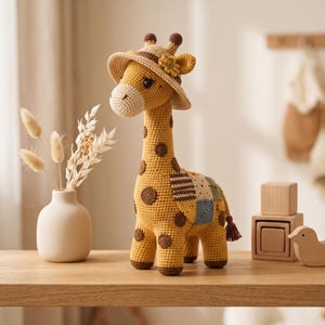 May include: A crocheted giraffe toy with a yellow body, brown spots, and a cream-colored muzzle. The giraffe wears a wide-brimmed tan hat adorned with a small yellow flower. A patchwork-style blanket with blue, brown, and cream squares covers its back.