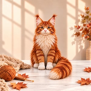 May include: A handcrafted crochet Maine Coon cat figurine featuring vibrant orange and white yarn, detailed tufted ears, and a long, fluffy tail. The cat sits upright with a textured coat, amber-colored eyes, and a white chest and paws.