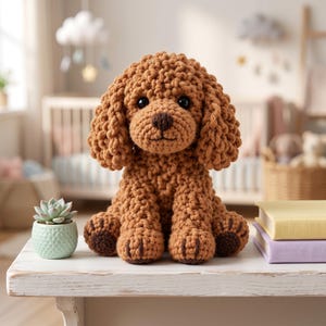 Puede incluir: Un perro de peluche tejido a ganchillo en color marrón con orejas caídas, ojos negros y nariz marrón oscuro. El juguete presenta una construcción de hilo texturizado con almohadillas marrón oscuro en las patas, sentado sobre madera blanca.