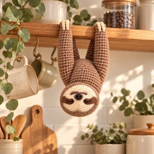 May include: A brown and cream crocheted sloth toy hanging upside down from a wooden shelf. The sloth has a round face with dark brown eye patches, a small black nose, and long arms with light-coloured claws gripping the edge of the shelf.