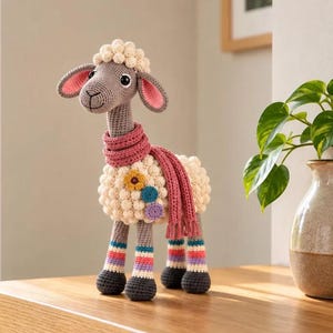May include: A crochet stuffed animal shaped like a sheep with a grey head, cream-colored textured body, and a pink scarf. The sheep features pink-lined ears, dark grey hooves, and colorful striped leg warmers. Three small flower appliques are attached.