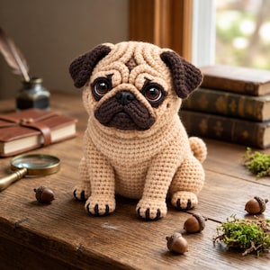 Peut inclure: Une figurine de carlin au crochet avec un corps beige clair, des oreilles marron foncé, un museau marron foncé et de grands yeux noirs. L'animal en peluche est réalisé avec des points de laine visibles, assis avec une queue enroulée.