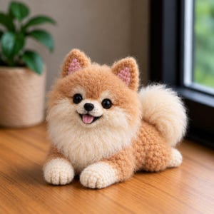 以下が含まれることがあります： 薄茶色とクリーム色の毛糸で編まれたポメラニアンの犬のあみぐるみ。このぬいぐるみは、黒い目、黒い鼻、ピンクの舌、ピンクのインナーディテールが施された尖った耳が特徴で、ふさふさした尻尾をもち、伏せの姿勢で表現されています。