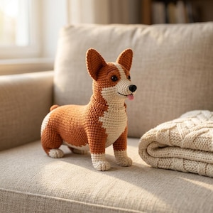 Op de afbeelding: Een gehaakte Corgi-hond knuffel met een lichaam van bruin en crèmekleurig garen, puntige oren, een zwarte neus en een klein roze tongetje dat uitsteekt. Het knuffeldier is gemaakt met een gestructureerd steekpatroon en staat op vier poten.