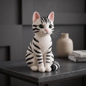 May include: A crocheted cat figurine featuring white yarn with black stripes across its body, head, and tail. The cat has large green eyes, a small pink nose, and pink-lined ears with long white whiskers extending from its muzzle.