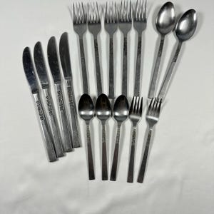 May include: A collection of stainless steel flatware including four dinner knives, five dinner forks, two large serving spoons, three small teaspoons, and two small salad forks. Each piece features a textured, decorative pattern on the handle.