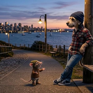 May include: A dog with a shaggy white and brown coat wearing a navy blue beanie, a red and black plaid flannel shirt, and blue jeans, standing next to a small brown mouse wearing a green cap and brown sweater on a paved path.