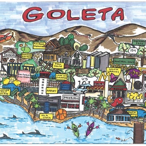 May include: A hand-drawn map of Goleta, California, with colorful illustrations of local landmarks and businesses. The map includes the Goleta Library, the Goleta Valley Community Center, and the San Marcos Pass. The map is drawn in a whimsical style with a blue ocean and green hills.