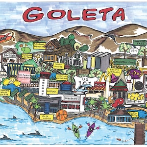May include: A hand-drawn map of Goleta, California, with colorful illustrations of local landmarks and businesses. The map includes the Goleta Library, the Goleta Valley Community Center, and the San Marcos Pass. The map is drawn in a whimsical style with a blue ocean and green hills.