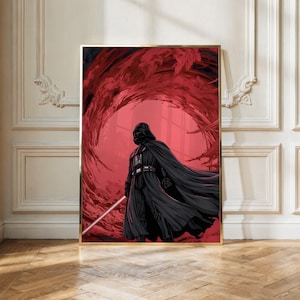 Puede incluir: Una impresión de arte mural rectangular que muestra una figura oscura y blindada con capa y casco negros sobre un fondo rojo intenso y arremolinado. La figura sostiene una hoja fina y brillante, con la composición enmarcada en un borde dorado.