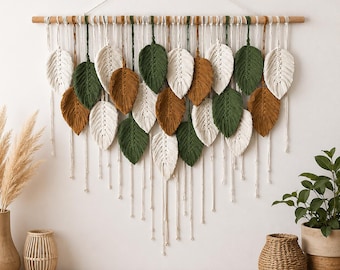 Large Macrame Leaf Wall Hanging, Boho Botanical Wall Decor, Green Fiber Art