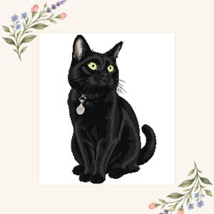 May include: A digital needlepoint canvas featuring a pixelated illustration of a black cat with yellow eyes and a collar with a tag. The design is framed by floral sprigs with pink and blue flowers in the top left and bottom right corners.