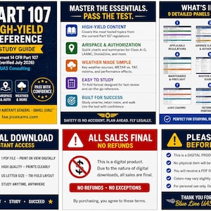 May include: A digital FAA Part 107 2026 high-yield quick reference tri-fold study guide for drone pilots. The document includes nine panels of information, airspace and weather charts, and instructions for a digital PDF download and printing.