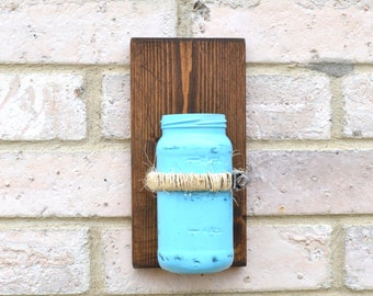 Aqua Jar Mounted on Wood Painted Square Jar with Jute Rope Accents Bathroom Storage Hanging Jar Vase Distressed Painted Jar Wall Vase Pocket