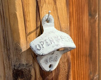 Vintage Heirloom White Wall Mounted Bottle Opener, Cast Iron Beer Opener, Cap Popper, Church Key, Distressed Diner Style Barware, Made in US