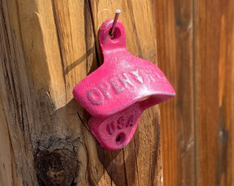 Flamingo Pink Bottle Opener, Hot Pink Beer Top Popper, Wall Mounted Cast Iron, Made in Colorado, One of a Kind, Hand Distressed, Pig Iron