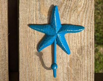 Teal Starfish Hooks, Set of 2 Nautical Towel Holders, Curtain Tiebacks, Turquoise Wall Hooks, Coat Hooks, Ocean Themed Leash Holders