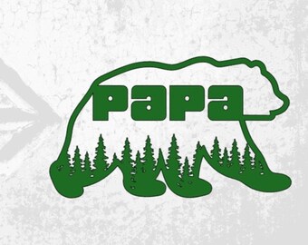 Décalcomanie de fenêtre Papa Bear, autocollant de voiture permanent Père ou grand-père / Pops / Gramps, Décalcomanie forestière Ours avec pins, cadeau pour les amoureux des montagnes