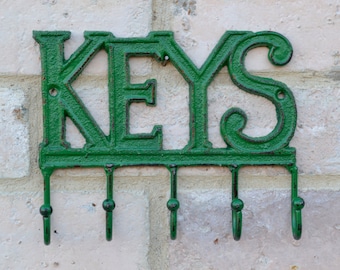 Grass Green Key Hooks, Key Organizer, Bright Kelly Green Cast Iron Decor, Distressed Garden Green Metal, Cast Iron Leash Hooks, Organizer