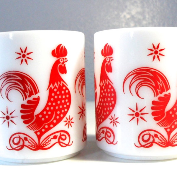 Hazel Atlas Mugs, Vintage Rooster Milkglass Coffee Cups