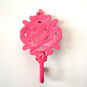 Wall Hook, Bright PInk Key Holder, Shabby Chic Wall Hook, Towel Holder, Coat Hook, Distressed Cast Iron Wall Hook, Ornate Wall Hook image 5