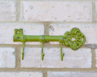 Eden Green Key Hook | Skeleton Key | Giant Old Key | Antique Style Wall Hook | Bright Green Cast Iron Wall Decor | Vintage Style Coat Hook