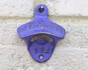 Bright Purple Wall Mounted Cast Iron Bottle Opener, Rustic Mid Century Style Barware, Diner Style Lilac Kitchen Decor, Violet Kitchenware