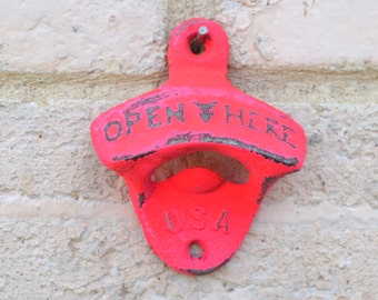 FLUORESCENT PINK Wall Mount Beer Bottle Opener, Retro Bottle Opener, Vintage Style Distressed Cast Iron, Kitchen Patio Decor, Made in USA