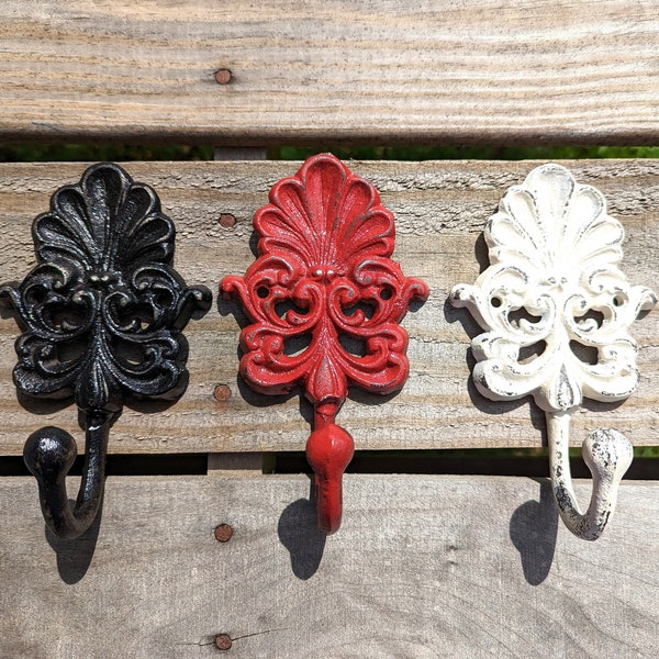 Cast Iron Wall Hook | Antiqued Coat Hook | Red White Black Flourish Cast Iron Towel Hook | Leash Holders | Entry Way Hooks | Ornate Hanging