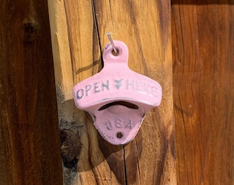 Pastel Pink Old Fashioned Bottle Opener, Wall Mounted Cap Remover, Light Cotton Candy Pink Patio Decor, Made in Colorado, Distressed Iron