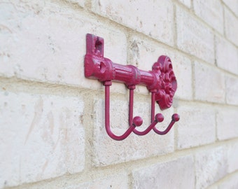 Magenta Fuchsia Skeleton Key Wall Hooks, Girls Room Hooks, Hooks for Nursery, Distressed Cast Iron Coat Hooks, Dark Pink Hook