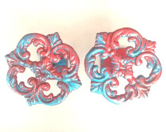 Cast Iron Red Curtain Tie Backs | Drapery Hold Backs| Red and Teal Window Dressings | Cast Iron Metal Wall Decor | Curtain Holders