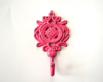 Wall Hook, Bright PInk Key Holder, Shabby Chic Wall Hook, Towel Holder, Coat Hook, Distressed Cast Iron Wall Hook, Ornate Wall Hook