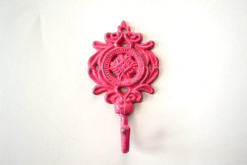 Wall Hook, Bright PInk Key Holder, Shabby Chic Wall Hook, Towel Holder, Coat Hook, Distressed Cast Iron Wall Hook, Ornate Wall Hook image 1