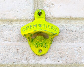 Fluorescent Yellow Beer Opener, Wall Mounted Cast Iron Bottle Popper, Nostalgic Hippie Decoration, Patio Mancave Barware, Made in Colorado