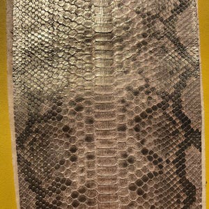 May include: A rectangular strip of metallic gold and dark grey snakeskin leather featuring a distinct scale pattern. The material displays a reflective sheen with a central row of larger scales flanked by smaller, intricate scales on both sides.