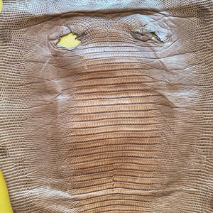 Könnte beinhalten: Ein hellbraunes Stück strukturiertes Leder mit einem ausgeprägten Reptilienschuppenmuster. Die Oberfläche zeigt einen mittleren Bereich mit länglichen, horizontalen rechteckigen Schuppen, flankiert von kleineren, abgerundeten Schuppen, einschließlich zweier kleiner unregelmäßiger Löcher.