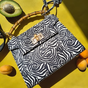 Genuine Snakeskin Tote Bag, Black White Zebra Pattern, Bamboo Handle Handbag
