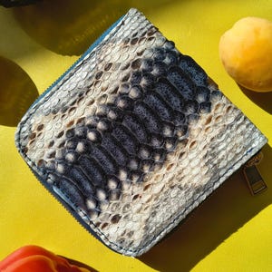 Genuine Snake Skin Zip Around Wallet, Blue Gray Exotic Leather Card Holder