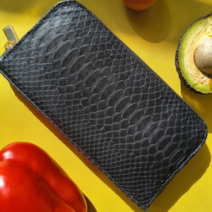 Black Genuine Snake Skin Zip Around Wallet, Leather Clutch, Card Holder