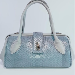 Handmade Snake Leather Doctor Baguette Purse, Blue Exotic Skin Italian Leather handbag, East-West bag