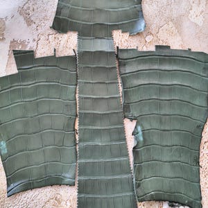 May include: Three pieces of olive green leather with a textured crocodile skin pattern. The central piece is a long, narrow strip with a serrated edge, flanked by two wider, irregularly shaped sections, all featuring a repeating scale design.