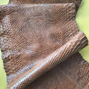 Könnte beinhalten: Ein braunes Schlangenleder mit natürlicher Schuppenstruktur und einem geometrischen Prägemuster aus Kreisen und sich kreuzenden Linien. Das Material ist flexibel und zeigt einen gefalteten Bereich, der die Unterseite und die Oberfläche offenbart.